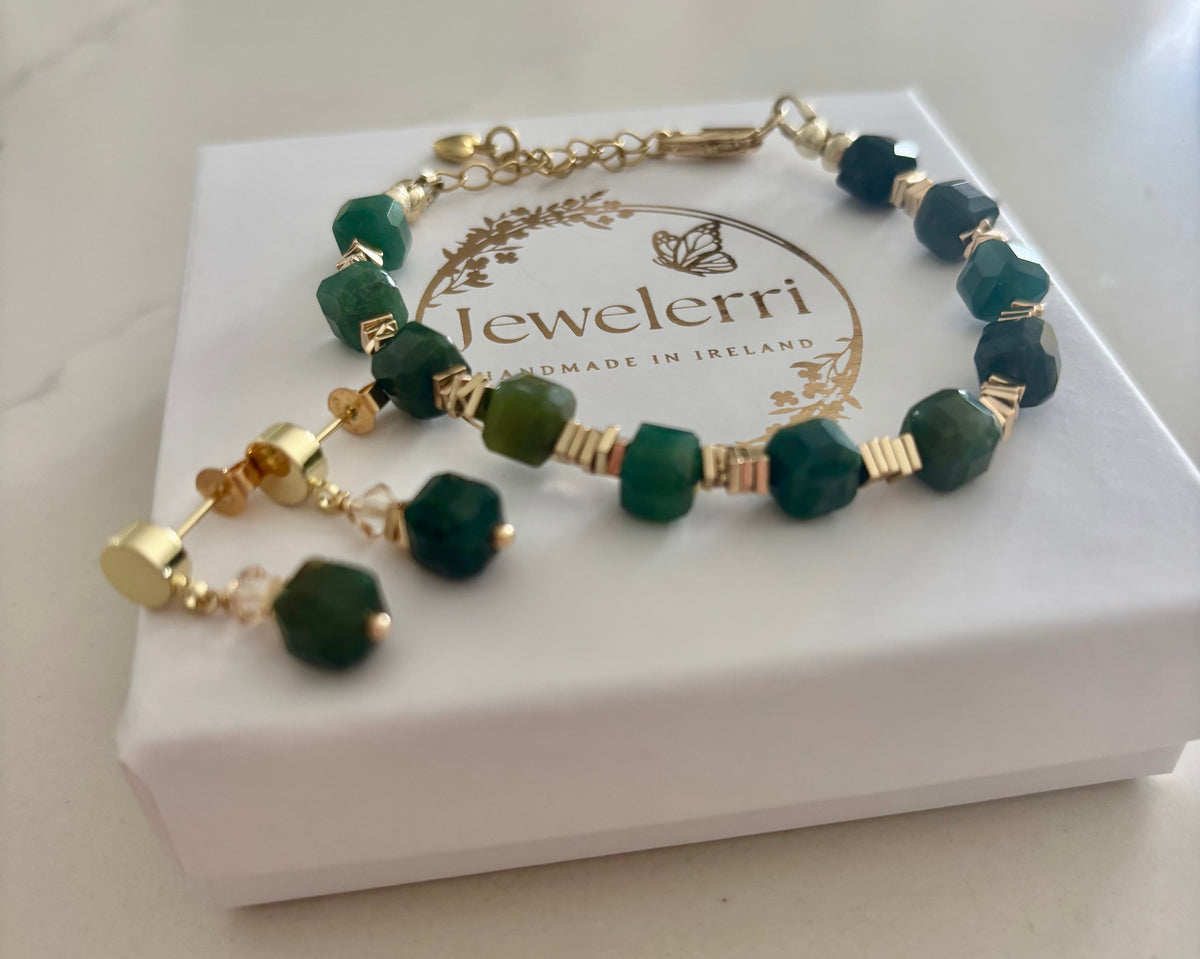 Green agate bracelet & earrings set
