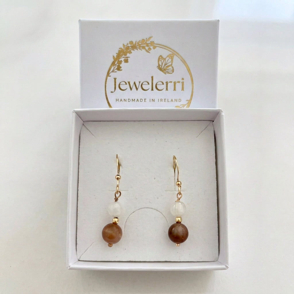Chocolate Moonstone & white moonstone drops French hook