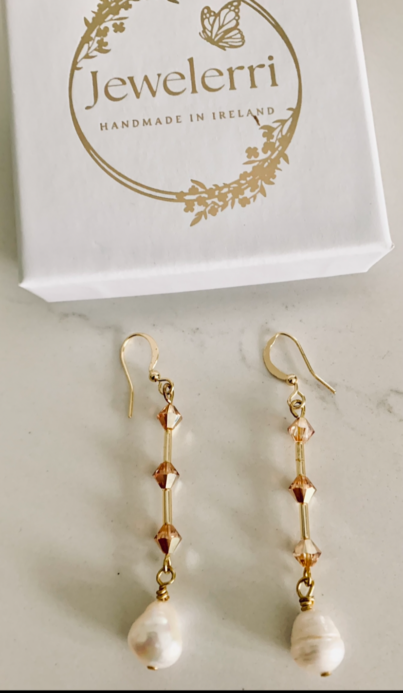 Stunning Gold Swarovski & Pearl long drops