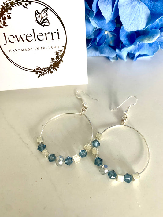 Silver & grey Blue Swarovski crystal Hoops