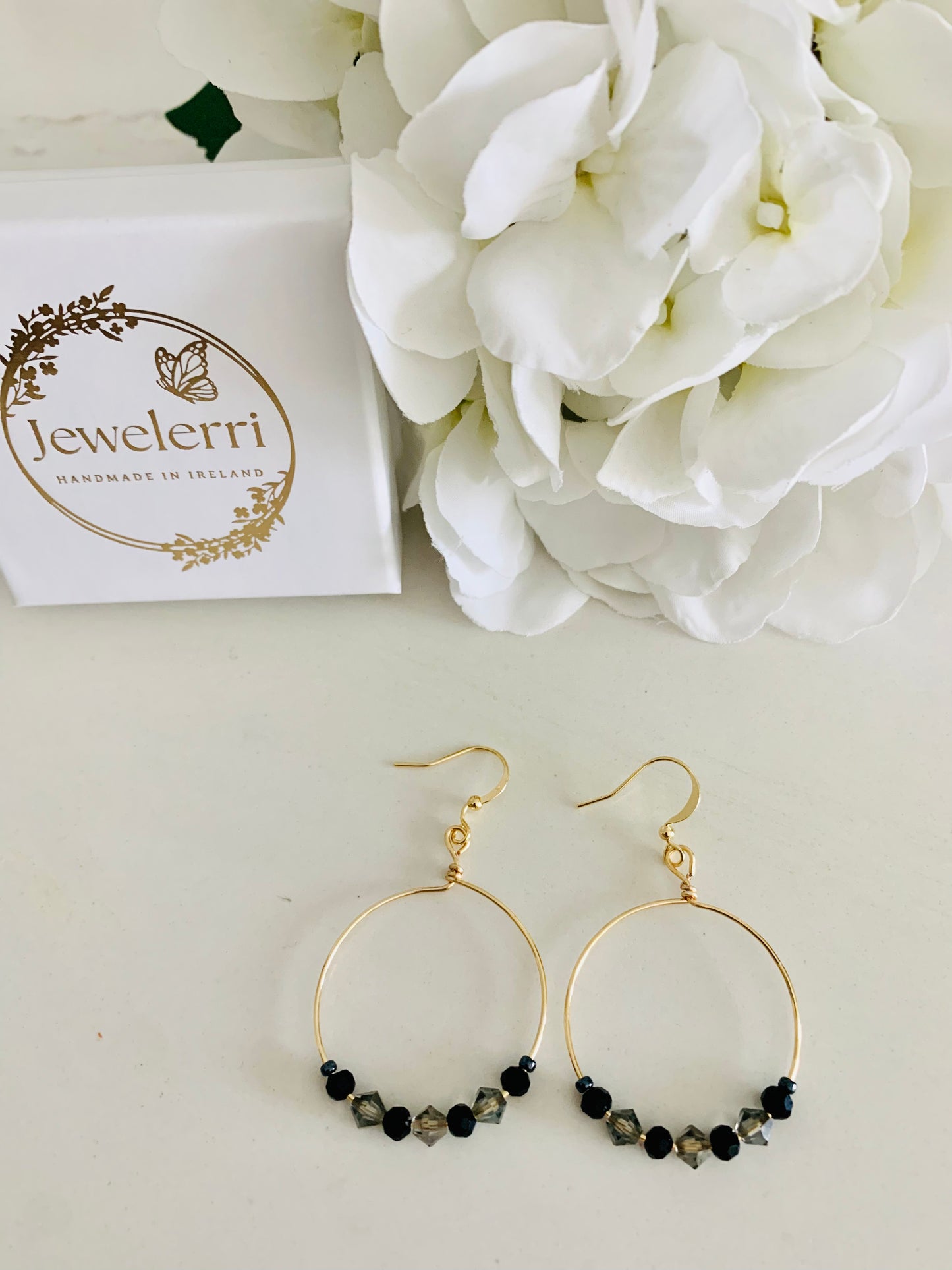 Black & silver grey crystal gold Hoop