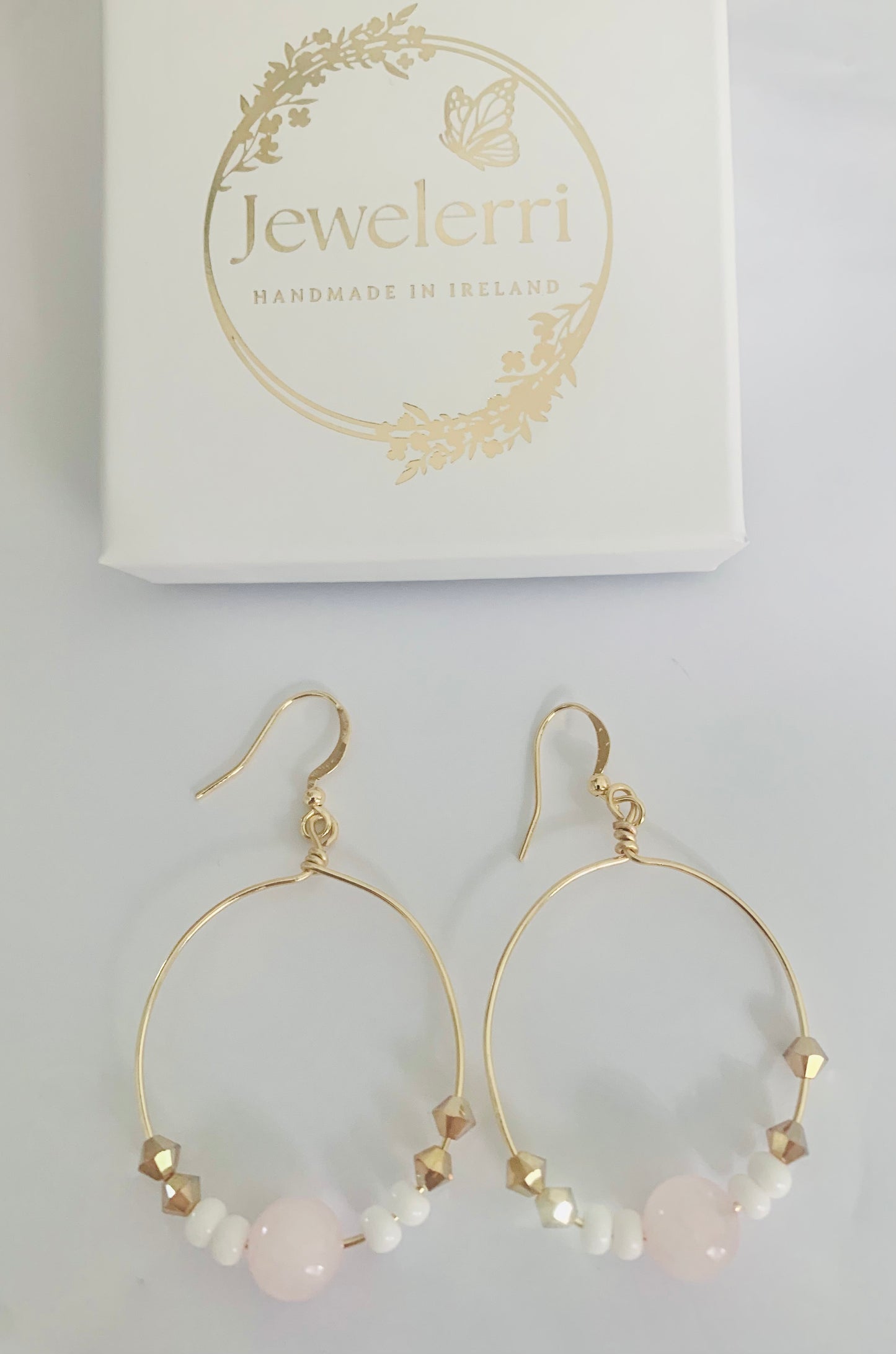 StunningPink Quartz white & gold Hoops