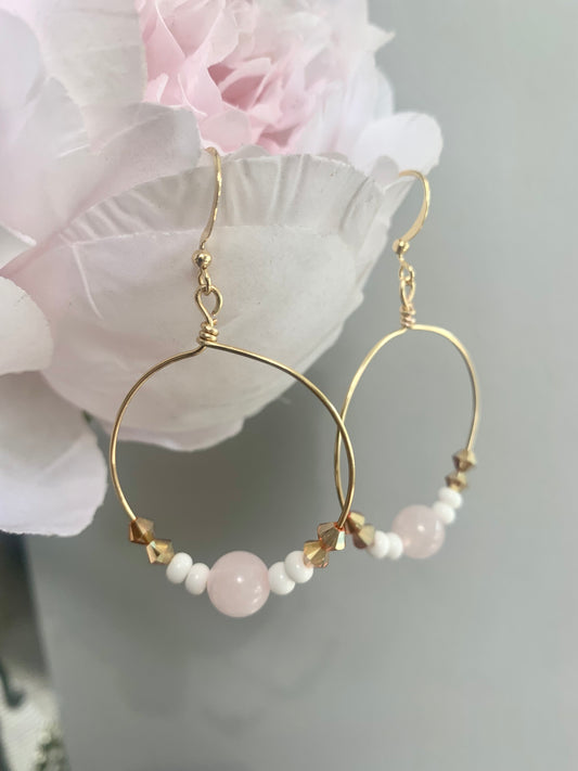 StunningPink Quartz white & gold Hoops