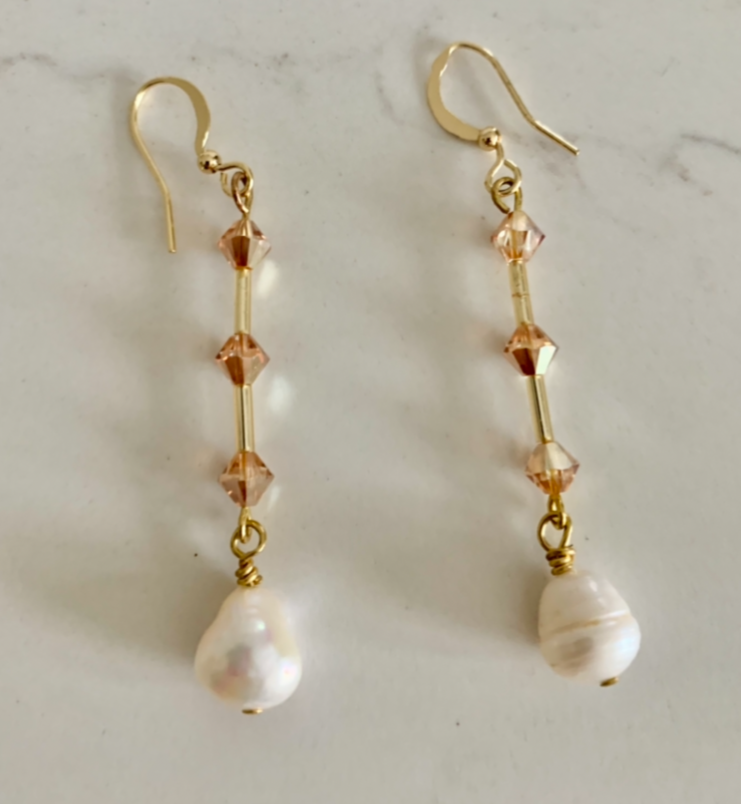 Stunning Gold Swarovski & Pearl long drops